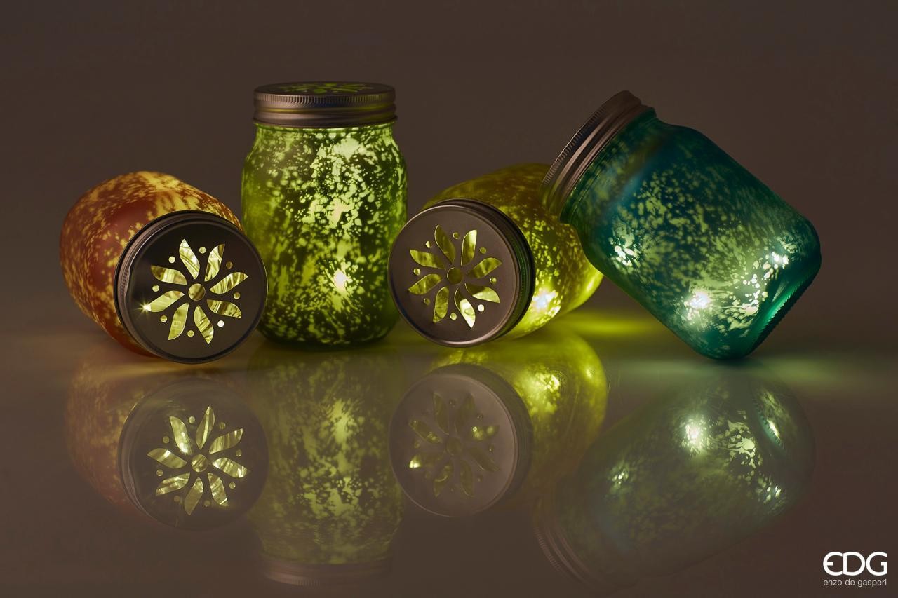 Lanterna barattolo in vetro con led a pile - H.13x8 cm -  4 colori disponibili - EDG