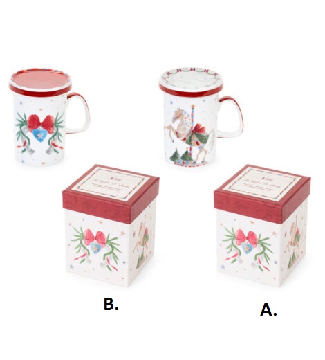 Tazza mug in porcellana natalizia con coperchio e tisaniera Giostra - 2 varianti - 380 ml - Nuvole di Stoffa