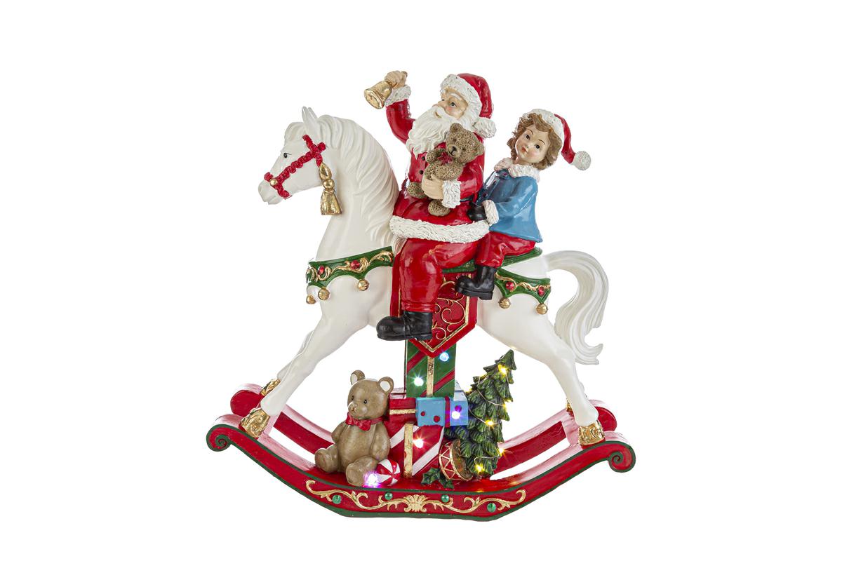 Babbo Natale cavalluccio a dondolo in resina con led - H.35 cm