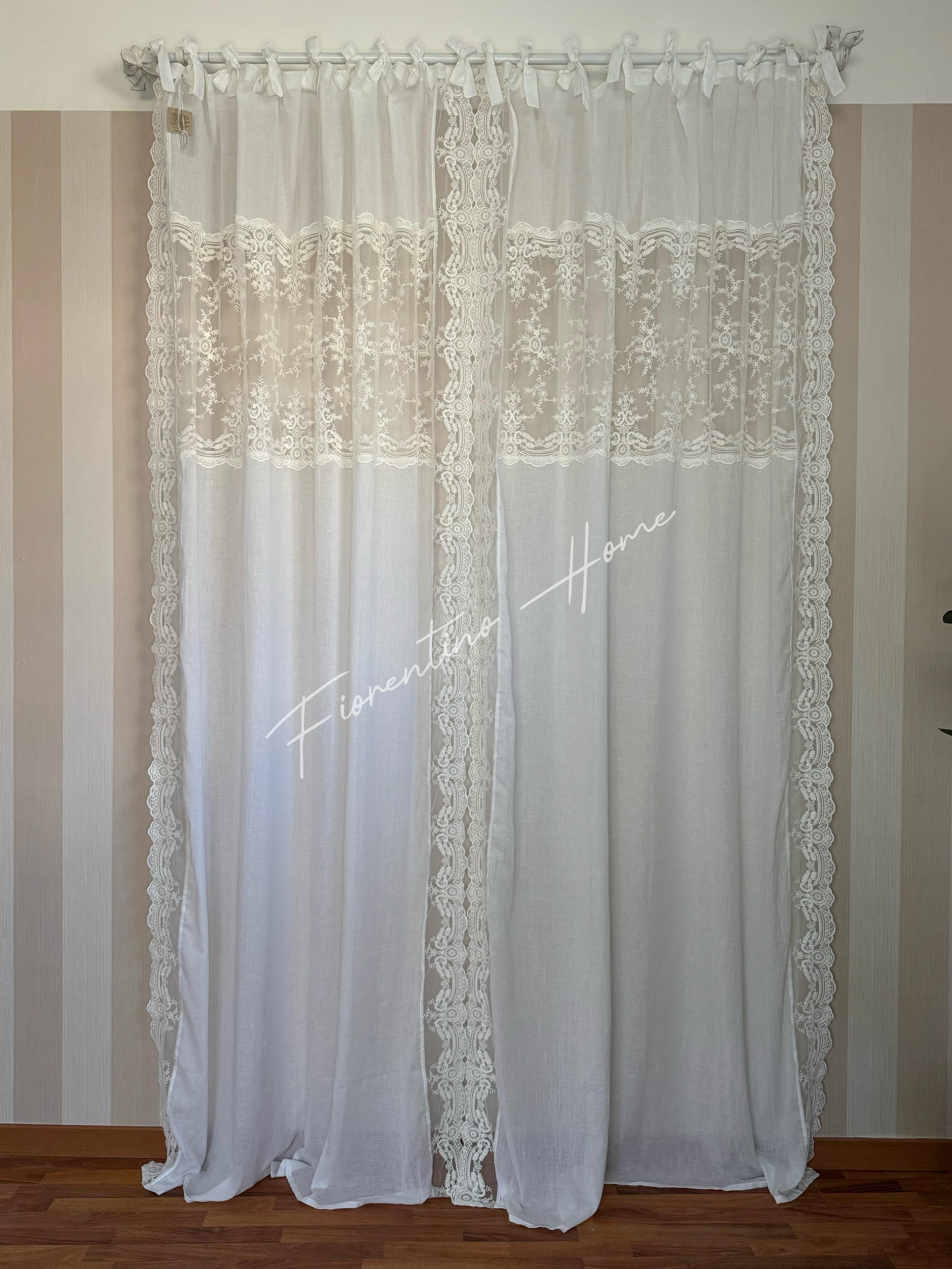 Tenda mod. Nataschia in pizzo e cotone bianco naturale - 150x300 cm - Charme Home Textile