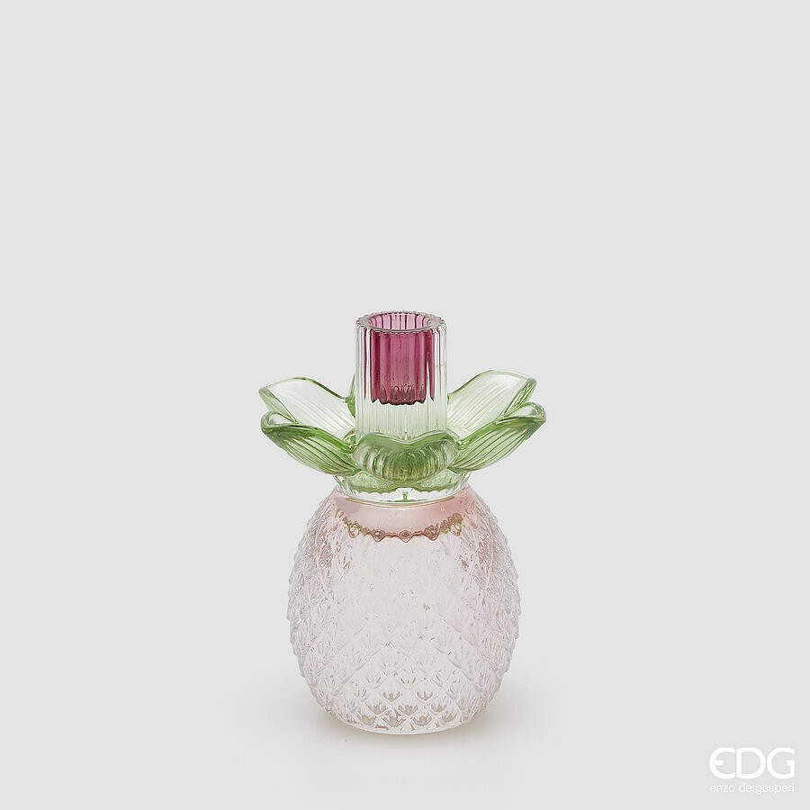 Portacandela Flower in vetro rosa e verde - H.16x12 cm - EDG