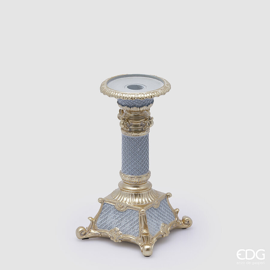 Portacandela in resina rococo celeste polvere - H23x13 cm - EDG