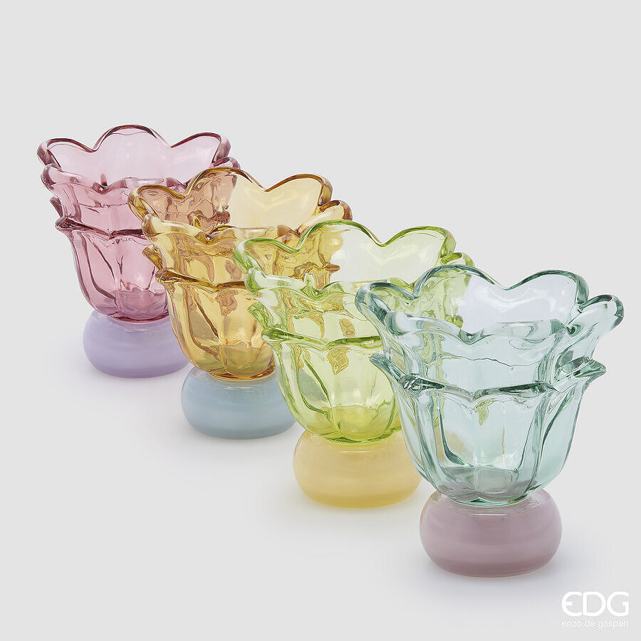 Vaso fiore in vetro con piede - 4 ass - H.15.5x15 cm - EDG