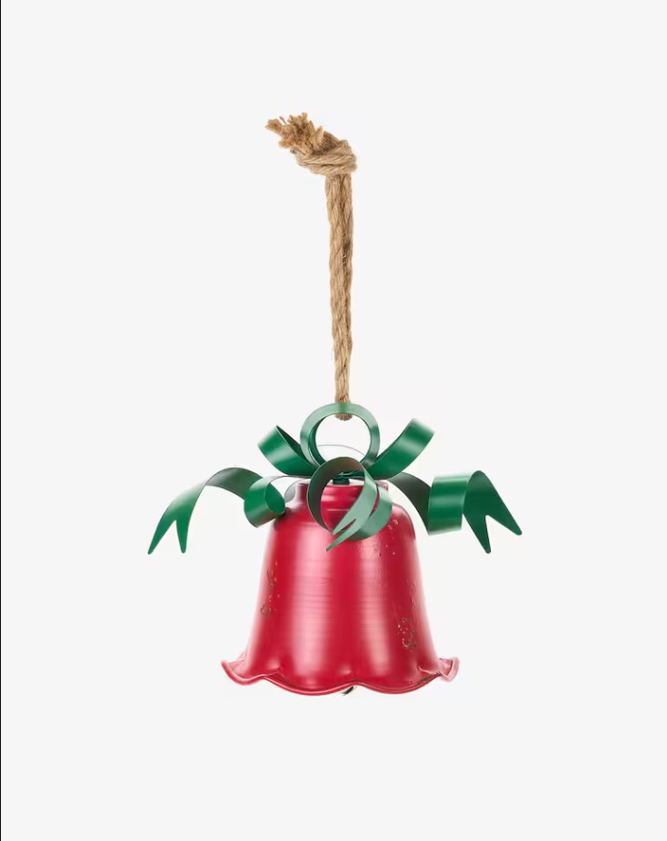 Decorazione natalizia campana rossa in latta con fiocco - 18x18x25.5 cm - Nuvole di Stoffa