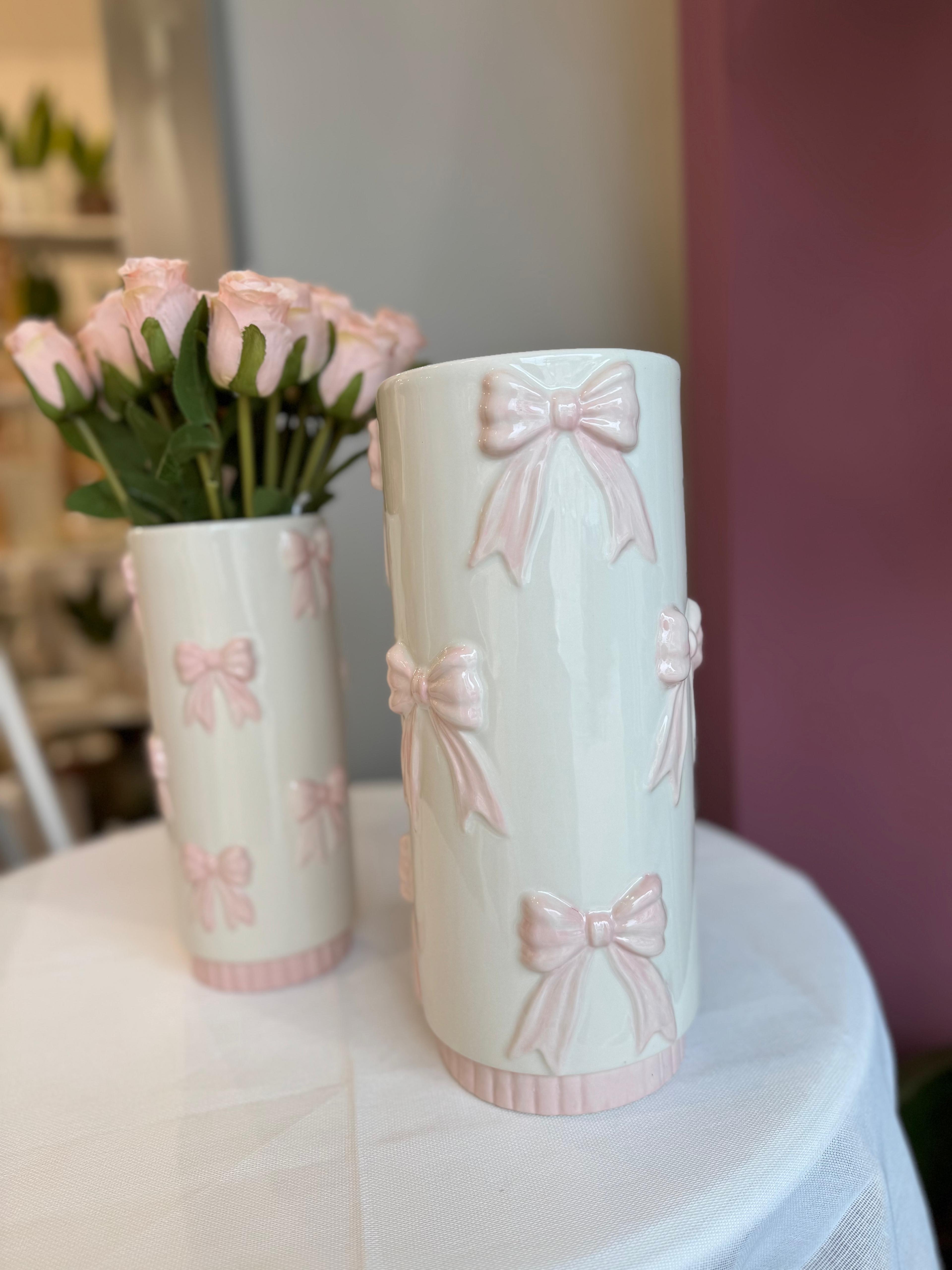 Vaso in ceramica con fiocchi rosa - H.29.5x13 cm - L'arte di Nacchi