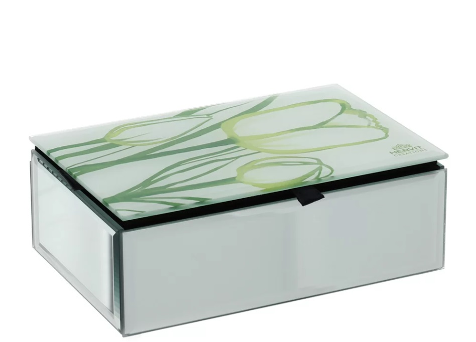 Cofanetto legno/vetro/specchio tulipano verde - 15x10x5 cm - Hervit