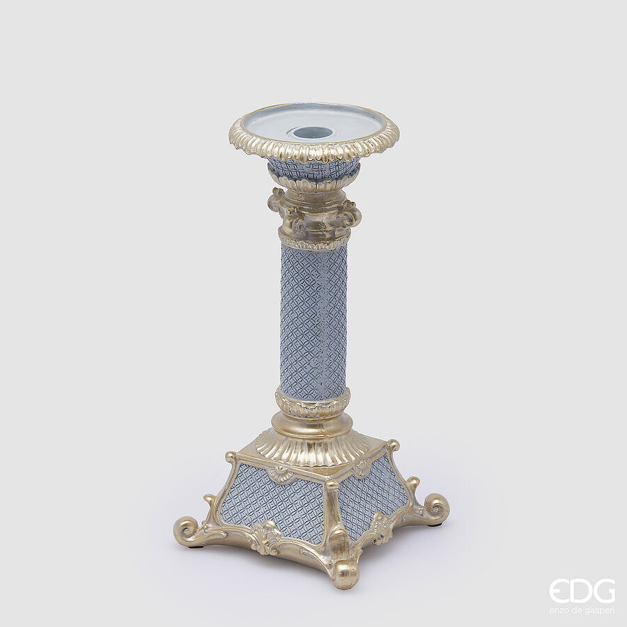 Portacandela in resina rococo celeste polvere - H.27x13 cm - EDG