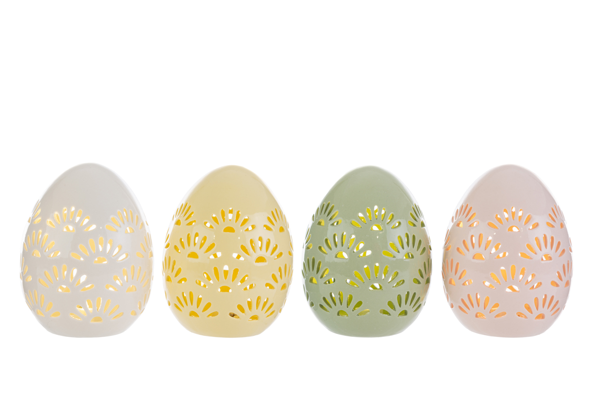 Uova in porcellana traforata c/luce led - 4 colori ass. - H.15x12 cm - Le Stelle