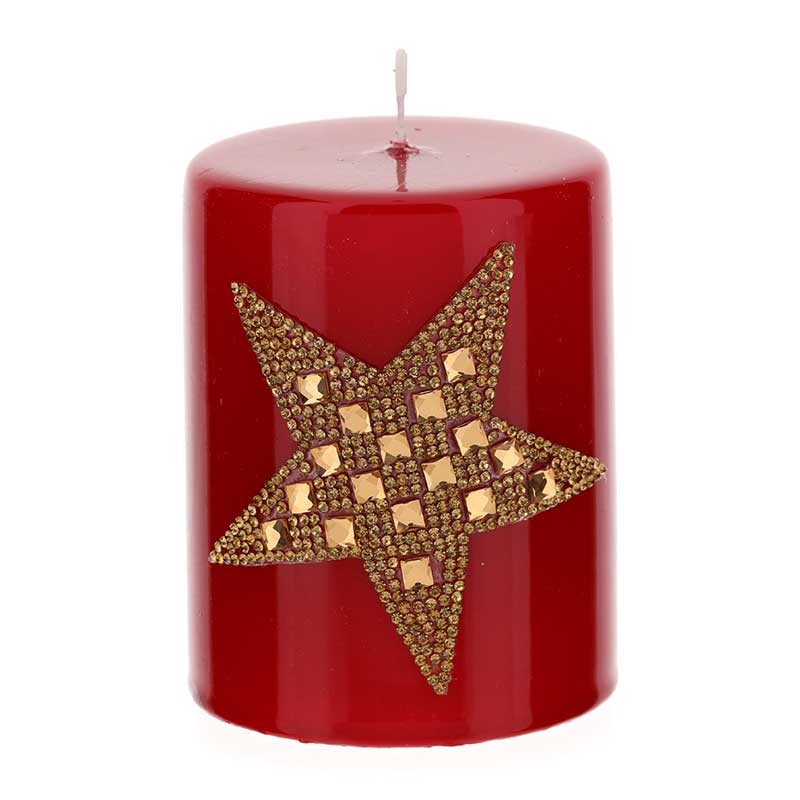 Candela a cilindro rossa laccata con stella strass decorativi - 7x9 cm - Hervit
