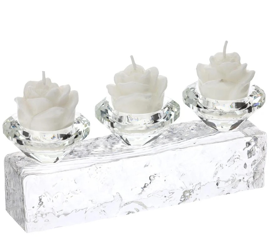 Portatealite in cristallo c/candele a rosa - 21x6x8 cm - Hervit