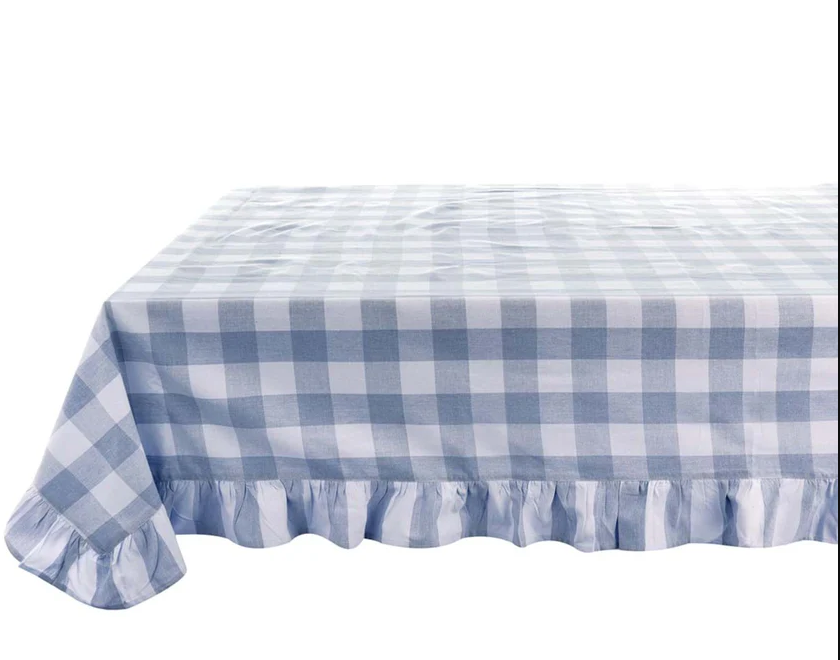 Tovaglia in cotone con gala a quadretti blu - Linea Bolgheri - 170x300 cm - Blanc Mariclo