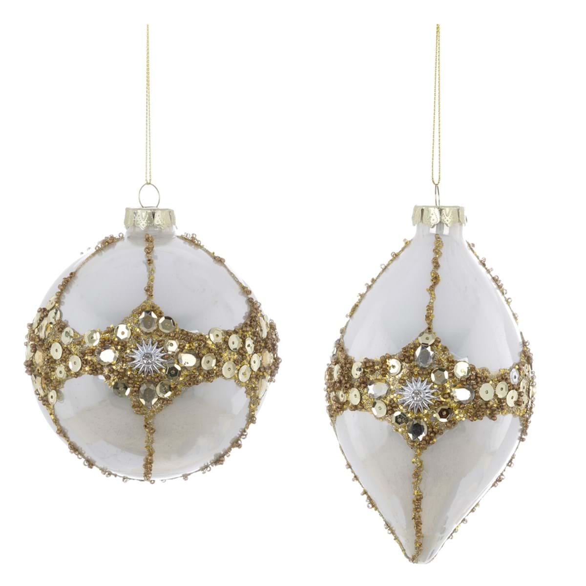 Decorazione natalizia in vetro bianco con glitter oro - 2 varianti - diam.10 cm