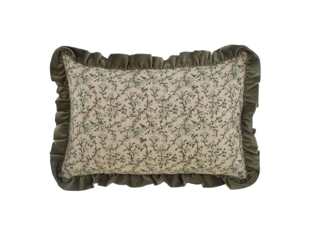 Cuscino guanciale in cotone verde con rouche in velluto - 60x40 cm - Blanc Mariclo