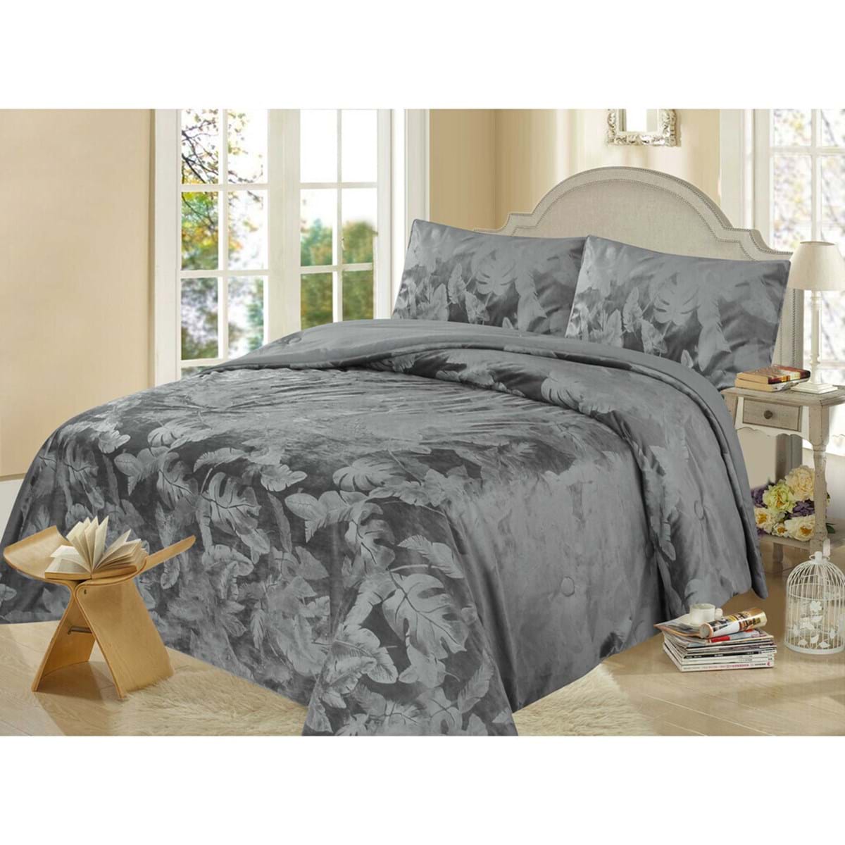 Trapunta in velluto grigio + 2 copriguanciali - Collezione Victoria - 260x260 cm - Blanc Mariclo