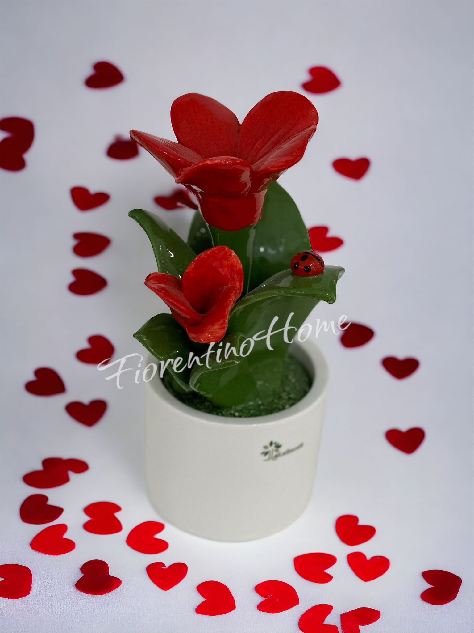 Piantina fiore rosso in ceramica di capodimonte - H. 20 cm - Gli Alberelli