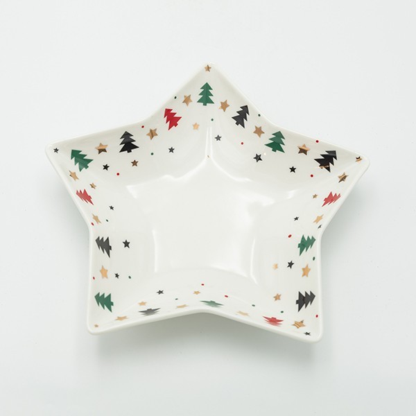 Piatto a stella in ceramica c/alberi di natale colorati - 25 cm - E.L