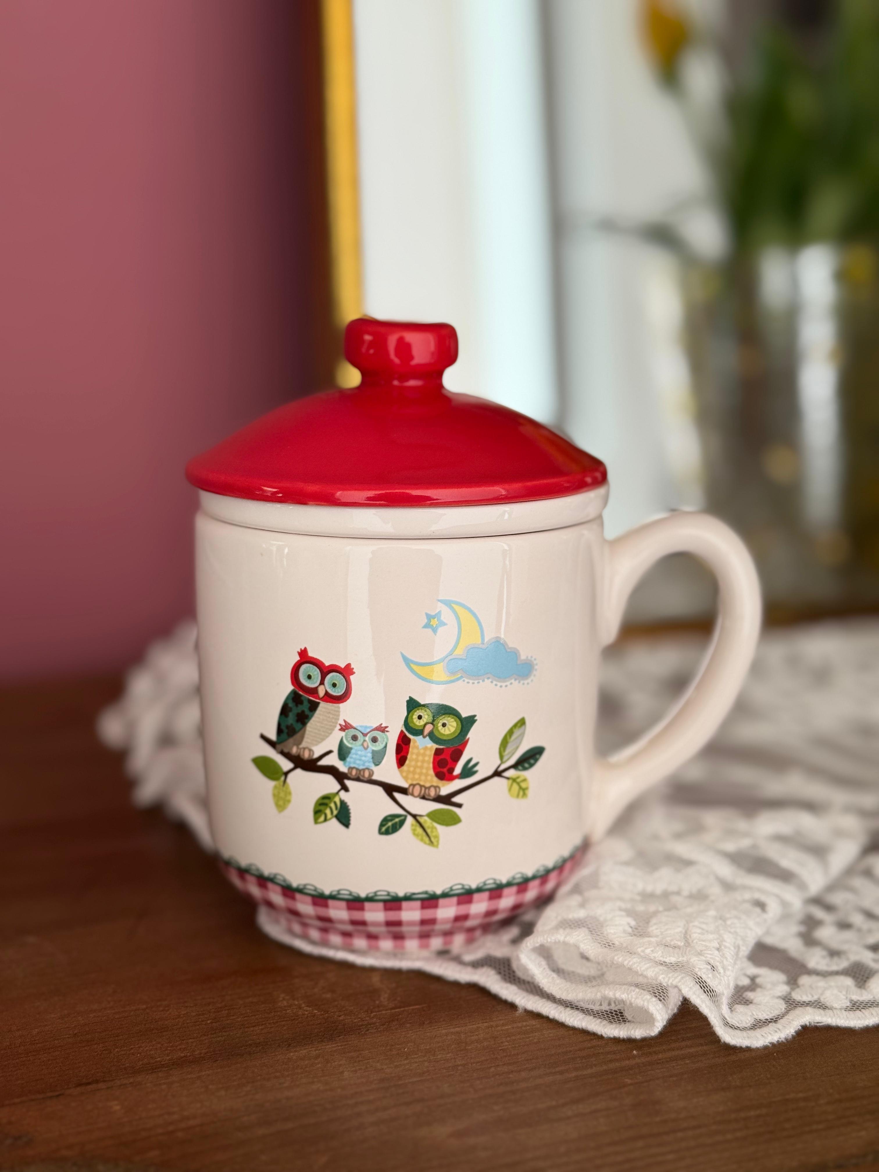 Tazza con tisaniera in ceramica bianca e rossa con gufetti - H.14x13 cm - Galileo