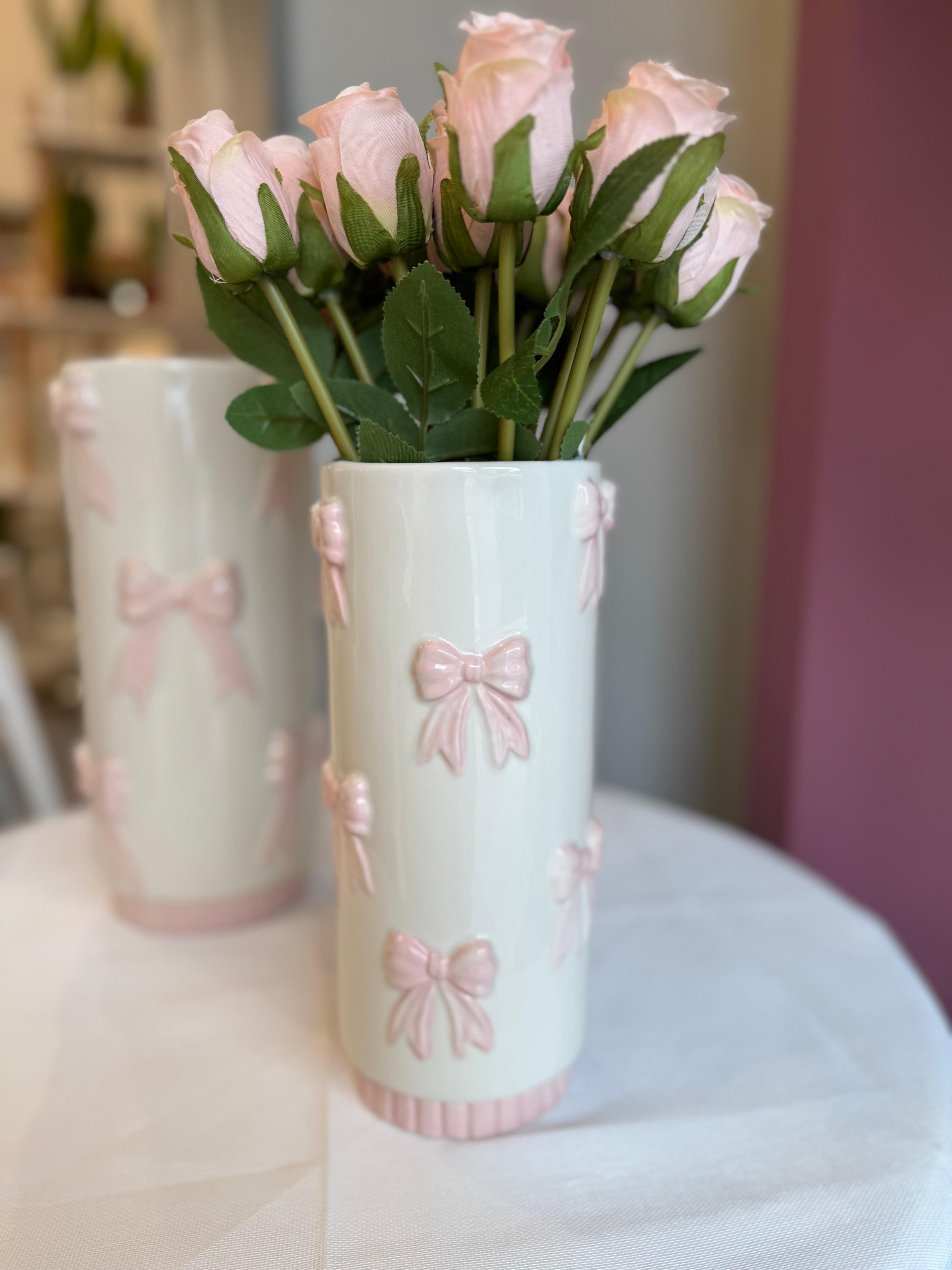 Vaso in ceramica con fiocchi rosa - H.24.5x11.5 cm - L'arte di Nacchi