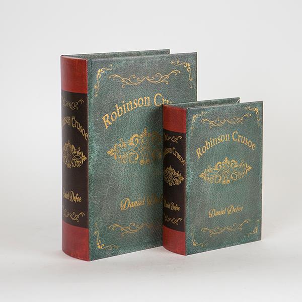 Set 2 scatole libro Robinson Crusoe in legno e finta pelle - 19x7x27 cm - Eurolamp