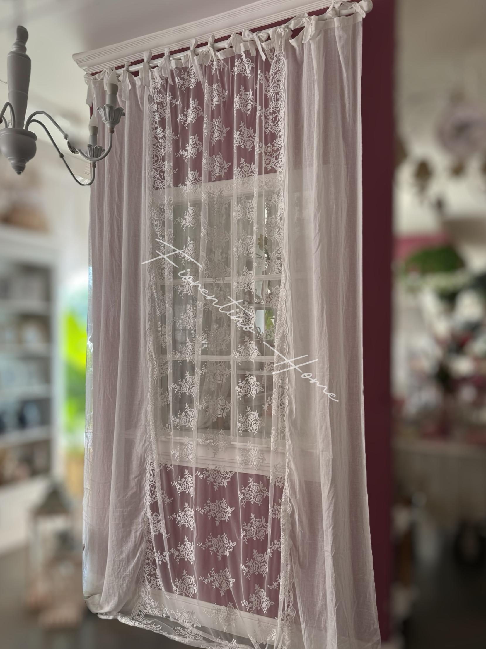 Tenda sartoriale in garza di cotone bianco c/pizzo Royal centrale con laccetti - 260x300 cm - Charme Home Textile