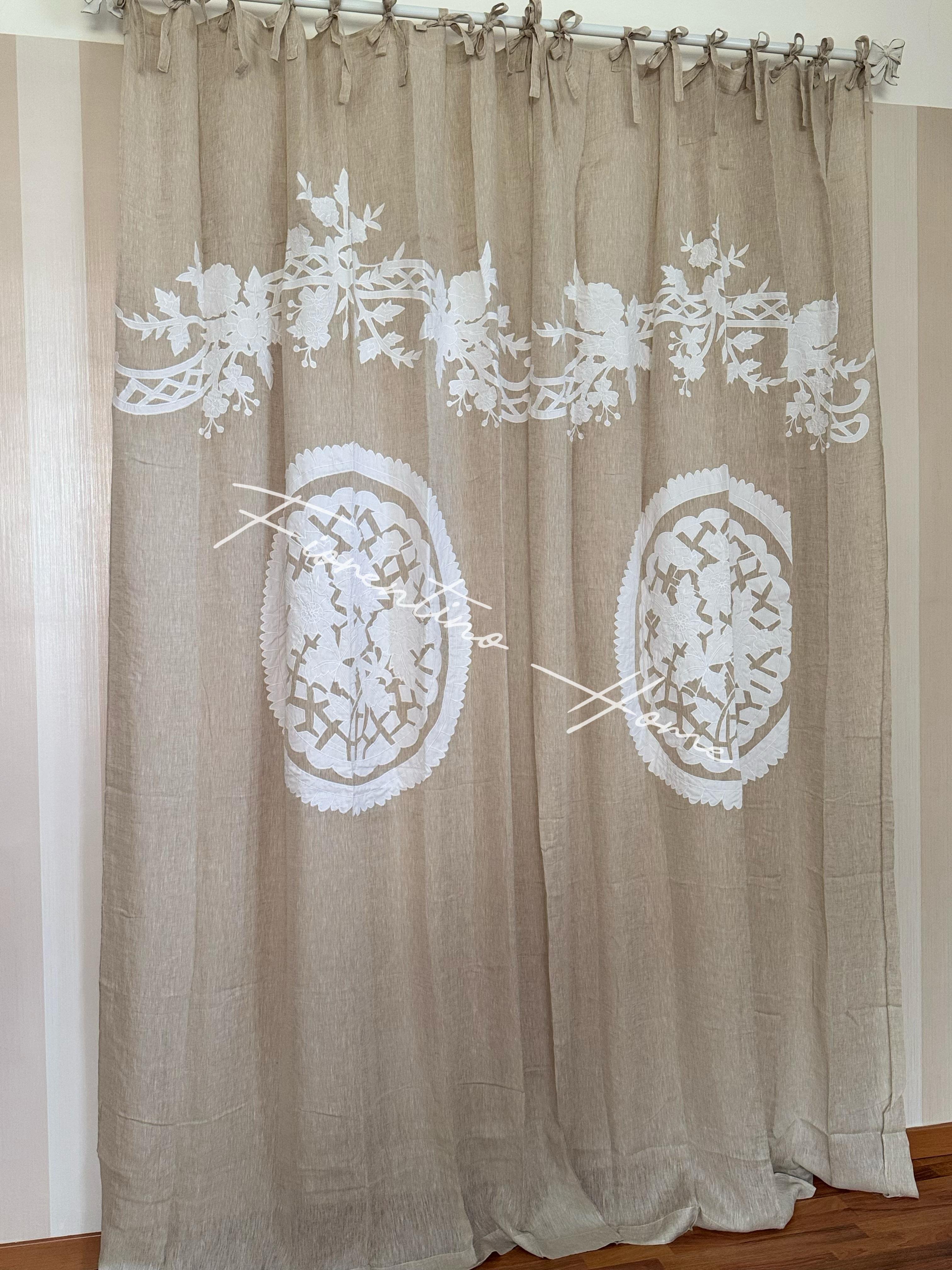 Telo tenda in lino tortora con ricamo in cotone- 150x290 cm - Mia Per Te