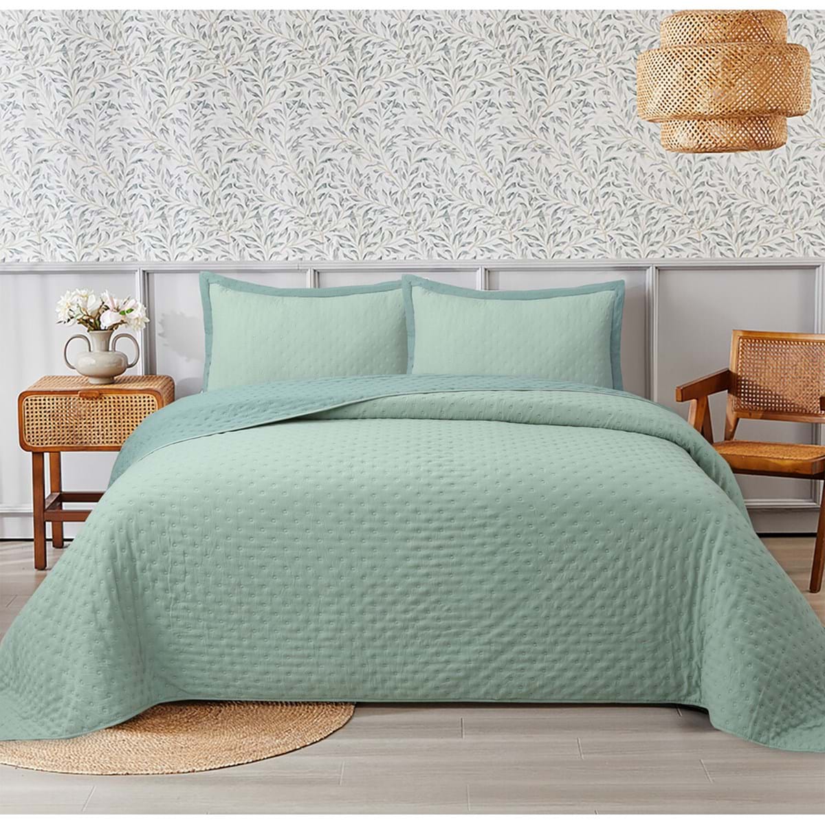 Trapuntino piazza e mezza bicolore verde chiaro/verde scuro con 2 copriguanciali