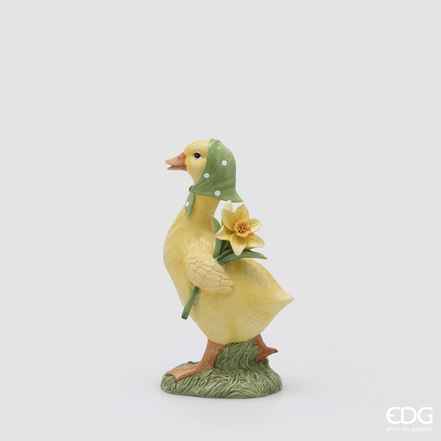 Papera in resina con narciso giallo e verde - H.25x14 cm  - EDG