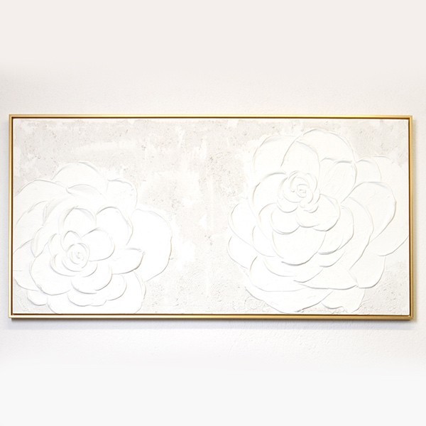 Quadro su tela fiori bianchi a rilievo c/cornice oro - 120x60 cm - Eurolamp