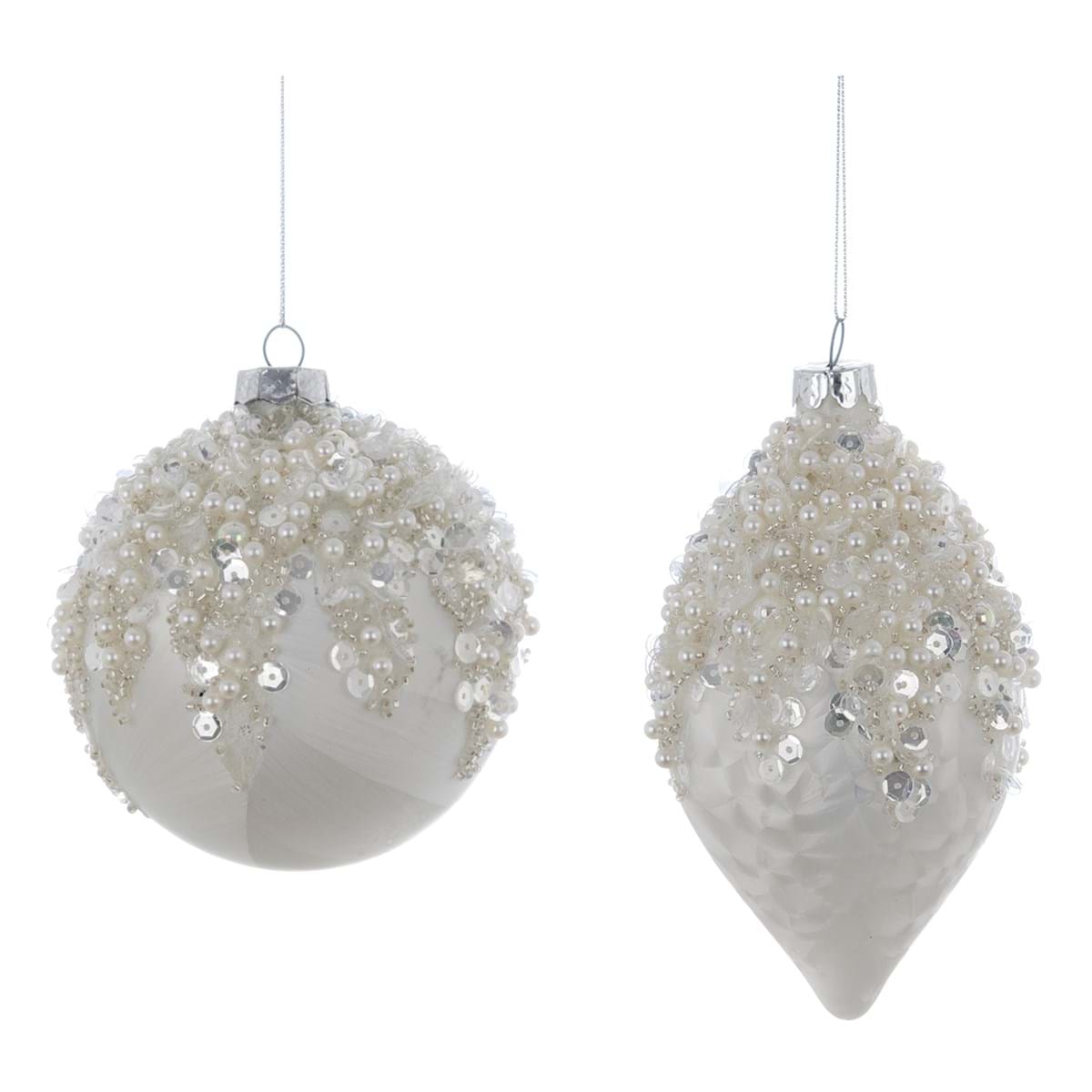 Decorazione natalizia in vetro bianco con perle - 2 varianti - diam.10 cm