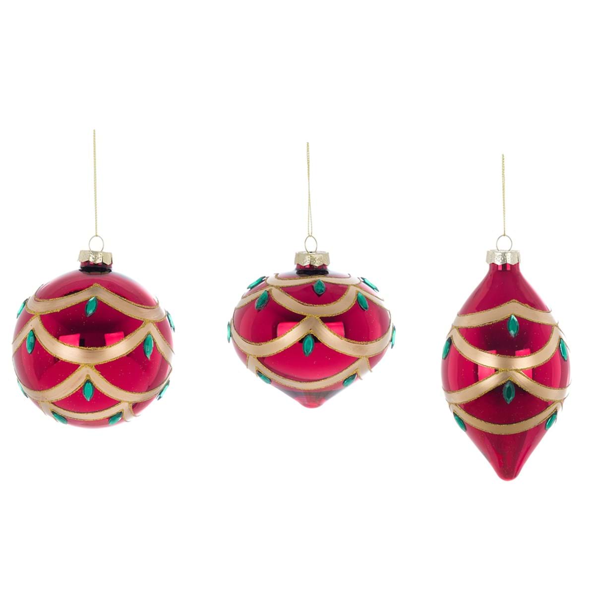 Decorazione natalizia in vetro rosso e oro con gemme - 3 varianti - diam.10 cm