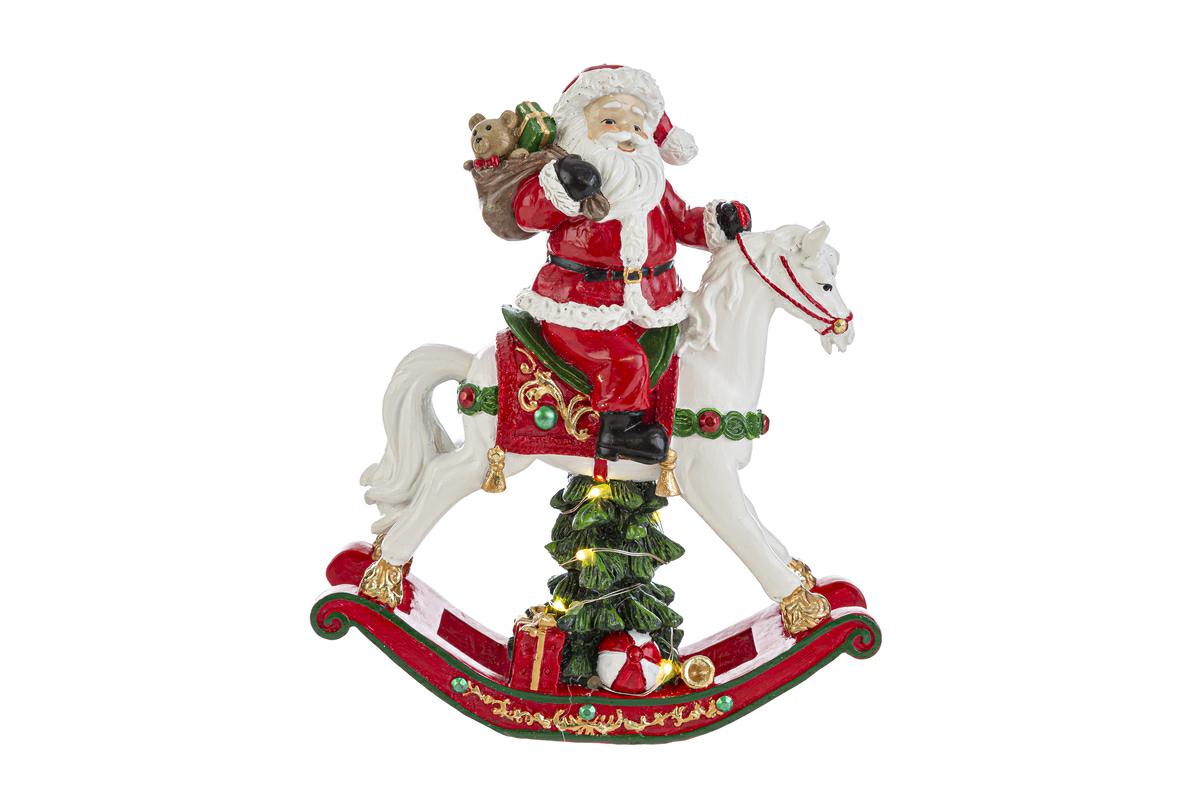 Babbo Natale cavalluccio a dondolo in resina con led - H.18 cm