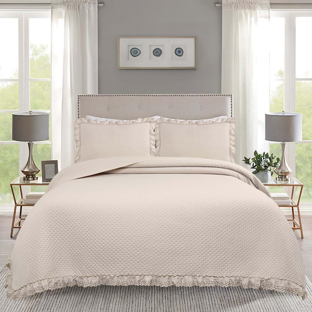 Trapuntino matrimoniale beige con pizzo san gallo tutu- 260x260 cm - Blanc Mariclo