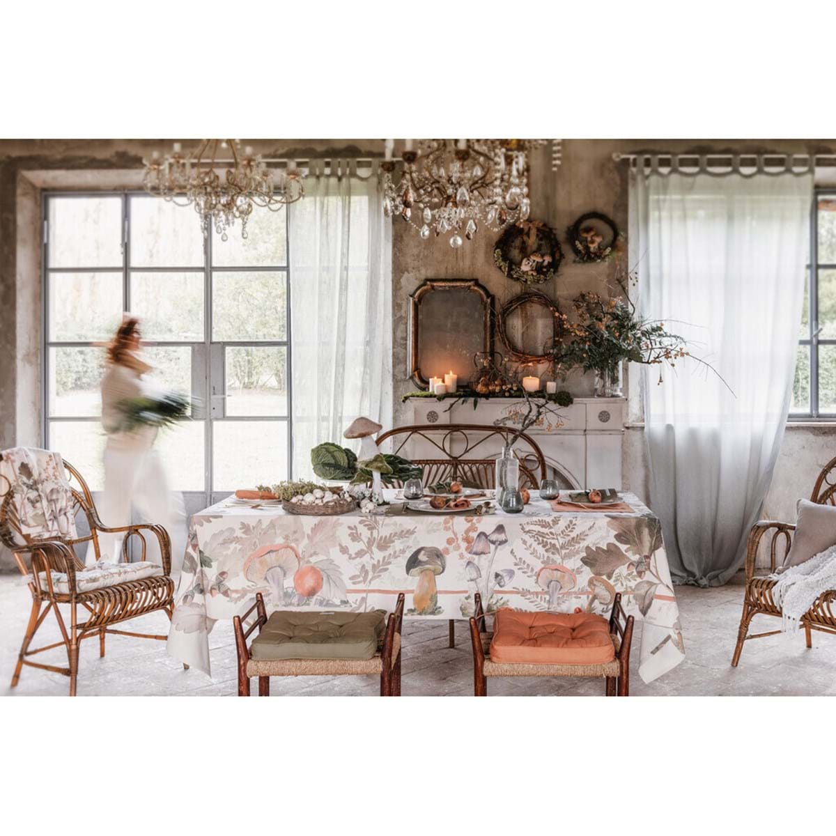 Tovaglia in cotone con stampa autunnale - Collezione Foret Enchantee - 160x160 cm - Blanc Mariclo