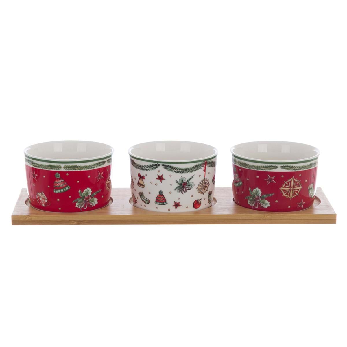 Set vassoio in bamboo con 3 tazzine in porcellana natalizie  -Collezione Amamelide - 30x10x6 cm - Blanc Mariclo