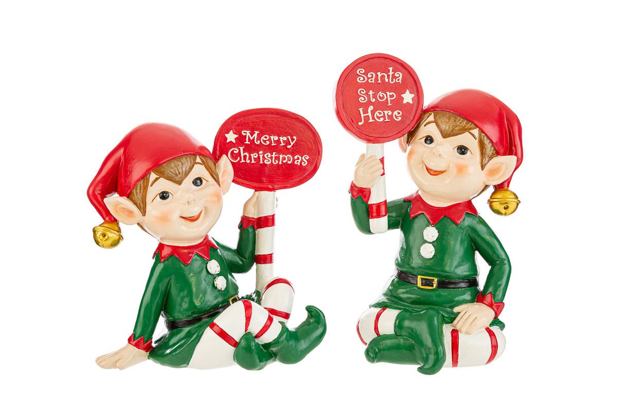 Elfo seduto in resina con cartello - 2 varianti - H.16.5 cm