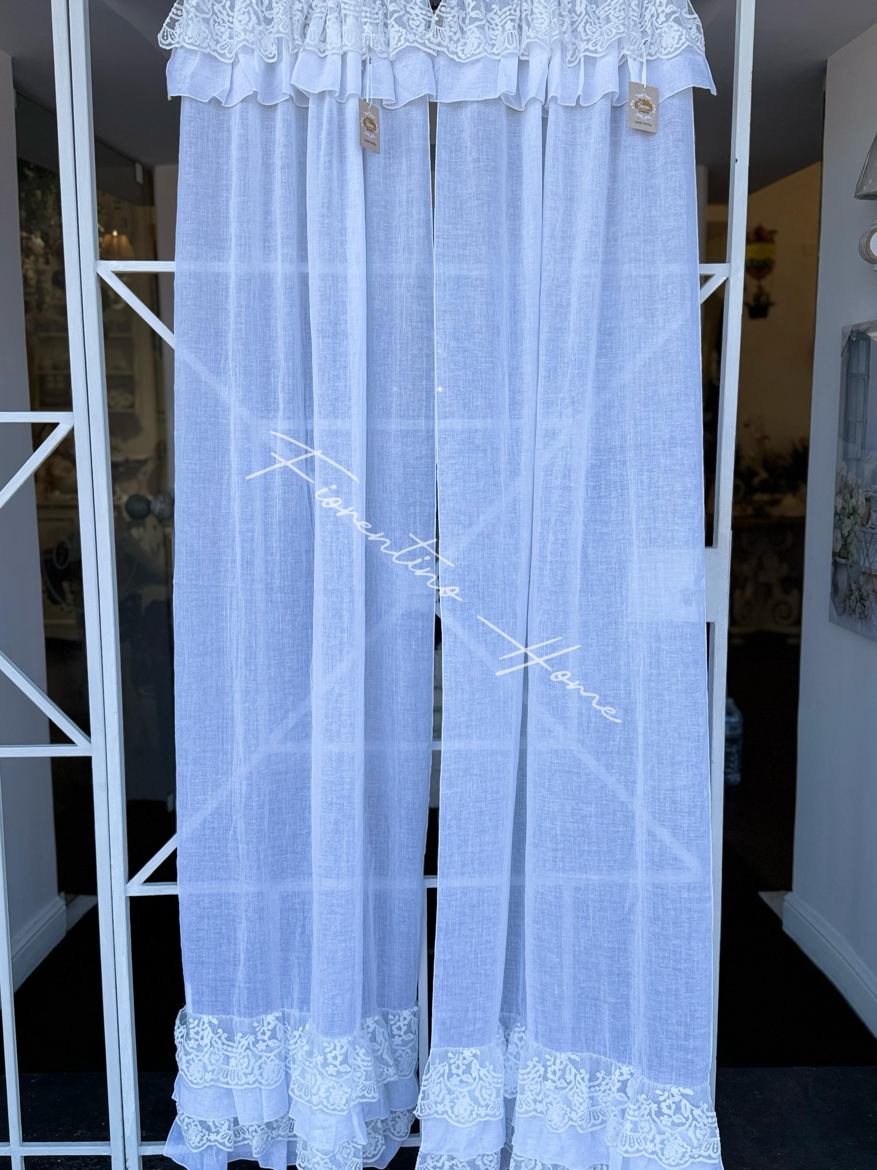 Vetrage in garza di cotone e pizzo Royal con balze bianco - 65x190 cm - Charme Home Textile