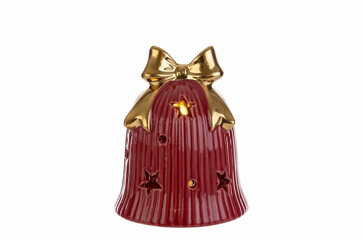 Campana rossa in ceramica fiocco c/led - H.9.5x7.5 cm - Le Stelle
