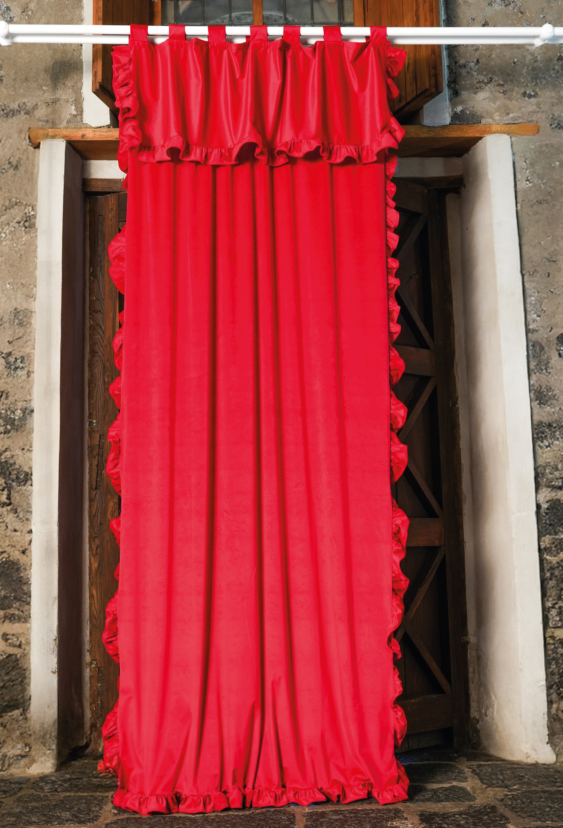 Coppia tenda in velluto rosso con rouche velluto 7 cm rifinita con asole VIOLANTE - 150x300 cm - Clodette