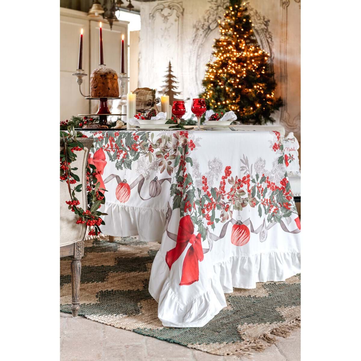 Tovaglia con gala in cotone - Collezione Sinfonia Natalizia - 180x270 cm - Blanc Mariclo