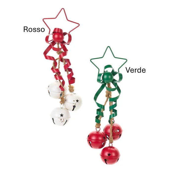 Decorazione natalizia stella con campanelli in latta - rosso/verde - 49 cm - Nuvole di Stoffa