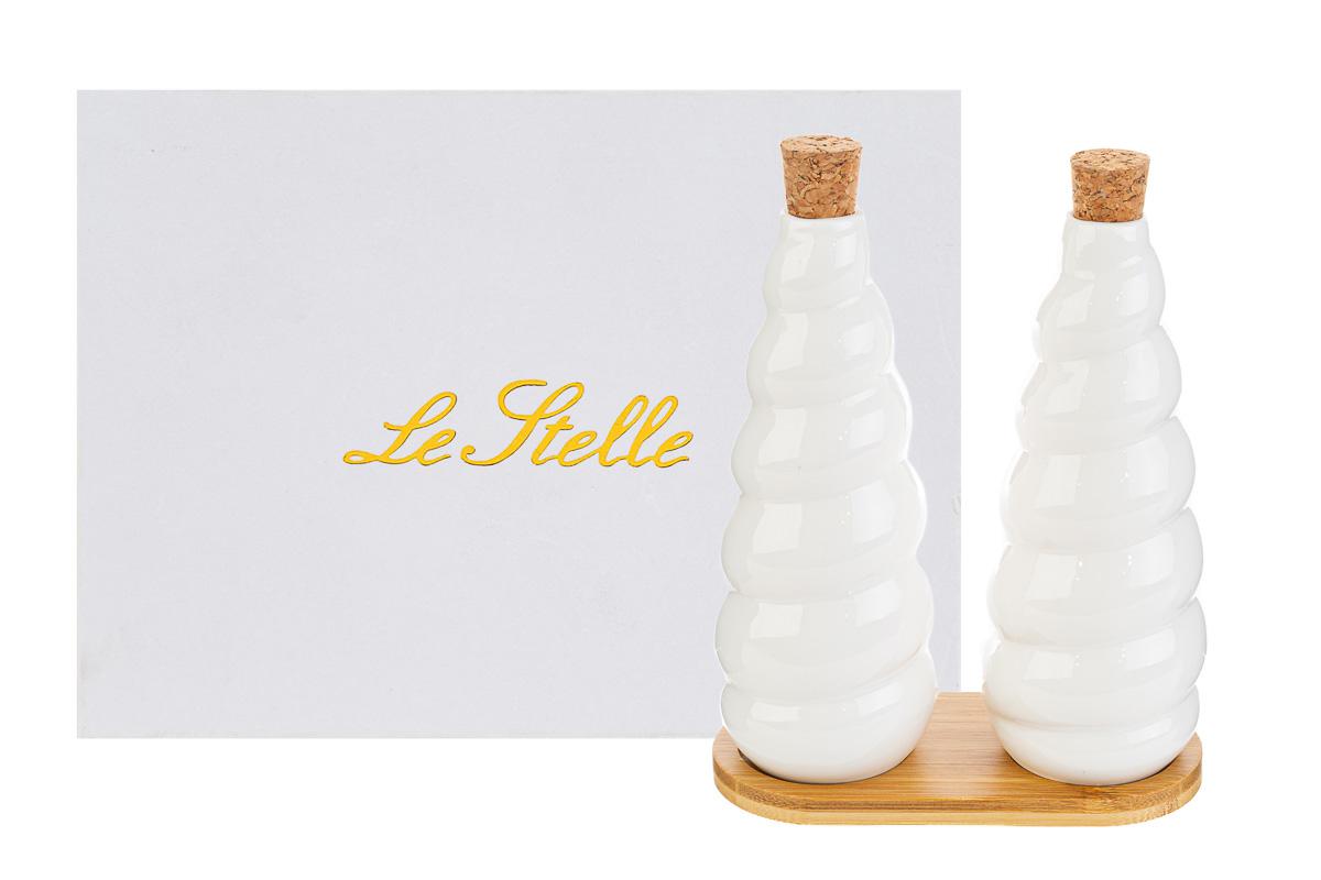 Set olio e aceto in porcellana c/base in legno con astuccio - H.19x15 cm - Le Stelle