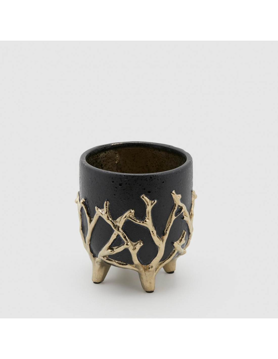 Vaso nero in ceramica c/piedini  con coralli a rilievo oro - H.16 cm - EDG