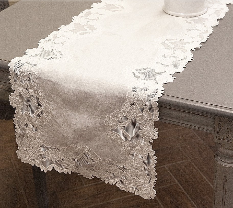 Runner Ermes in puro lino con ricamo floreale - 40x180 cm - Mia per te