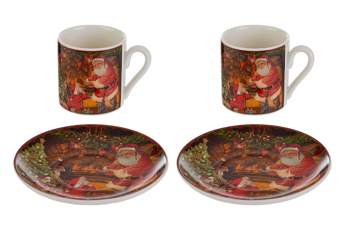 Set 2 tazzine da caffè c/piattino natalizio in porcellana con astuccio - 22x13.5 cm - Le Stelle