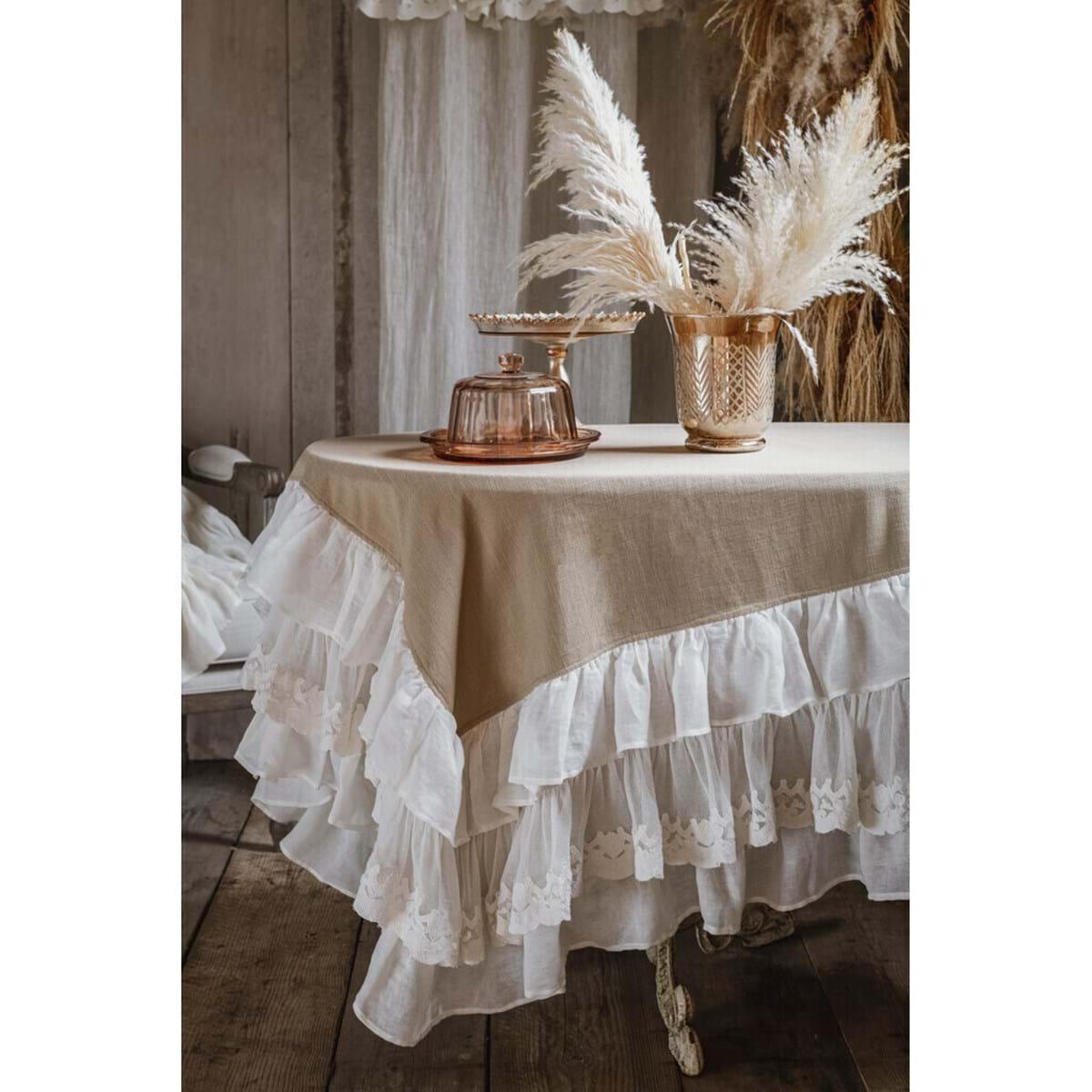 Tovaglia con gale in juta lino e cotone con balze - Linea Dentelle - 120x120 cm +45 cm di balza - Blanc Mariclò