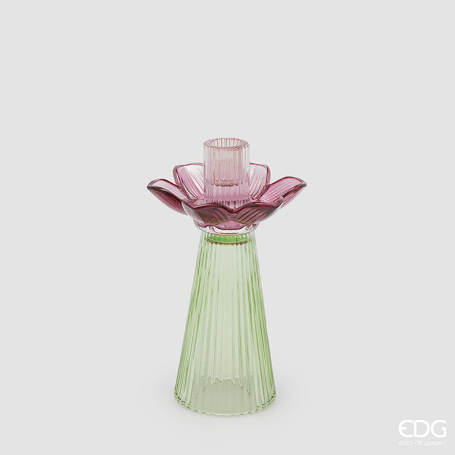 Portacandela Flower in vetro rosa e verde - H.21x12 cm - EDG