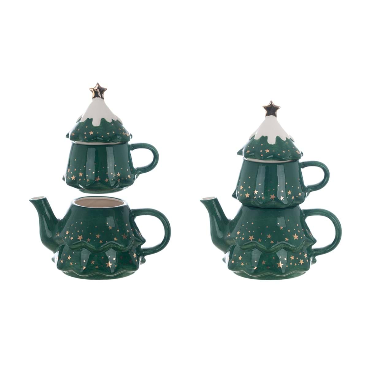 Set teiera tazza con coperchio natalizia in ceramica - 19x12x22 cm - Blanc Mariclo