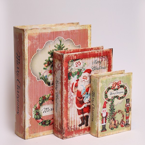 Set 3 scatole a libro con stampe natalizie vintage - 30x22/23x17/16x11 cm - Eurolamp