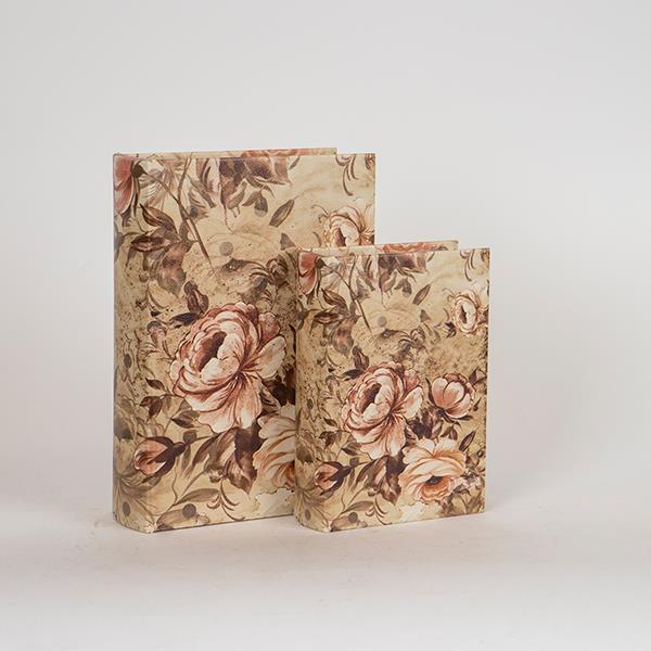 Set 2 scatole libro c/rose beige in legno e finta pelle - 19x8x27 cm - Eurolamp