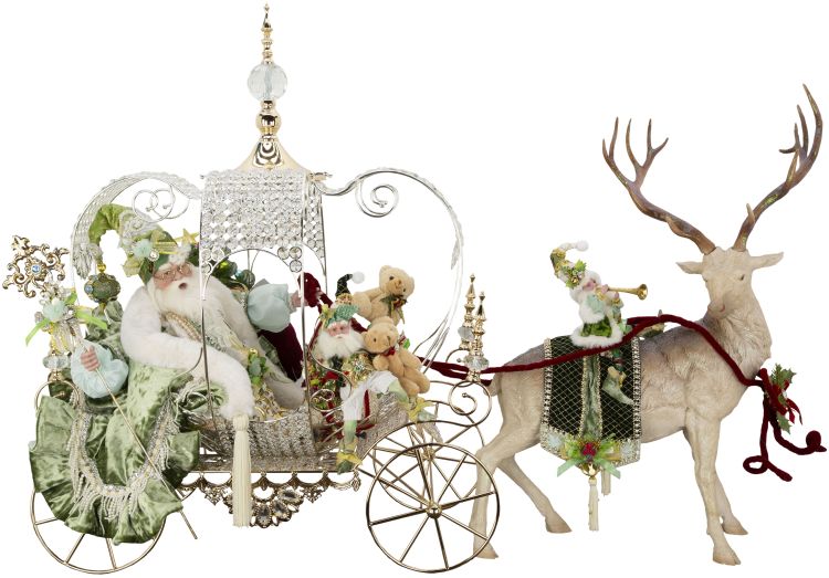 Carrozza trainata da renna in cristallo e struttura oro con babbo natale vestito di verde elfo e doni - 160 cm - Collezione Mark Roberts - Goodwill